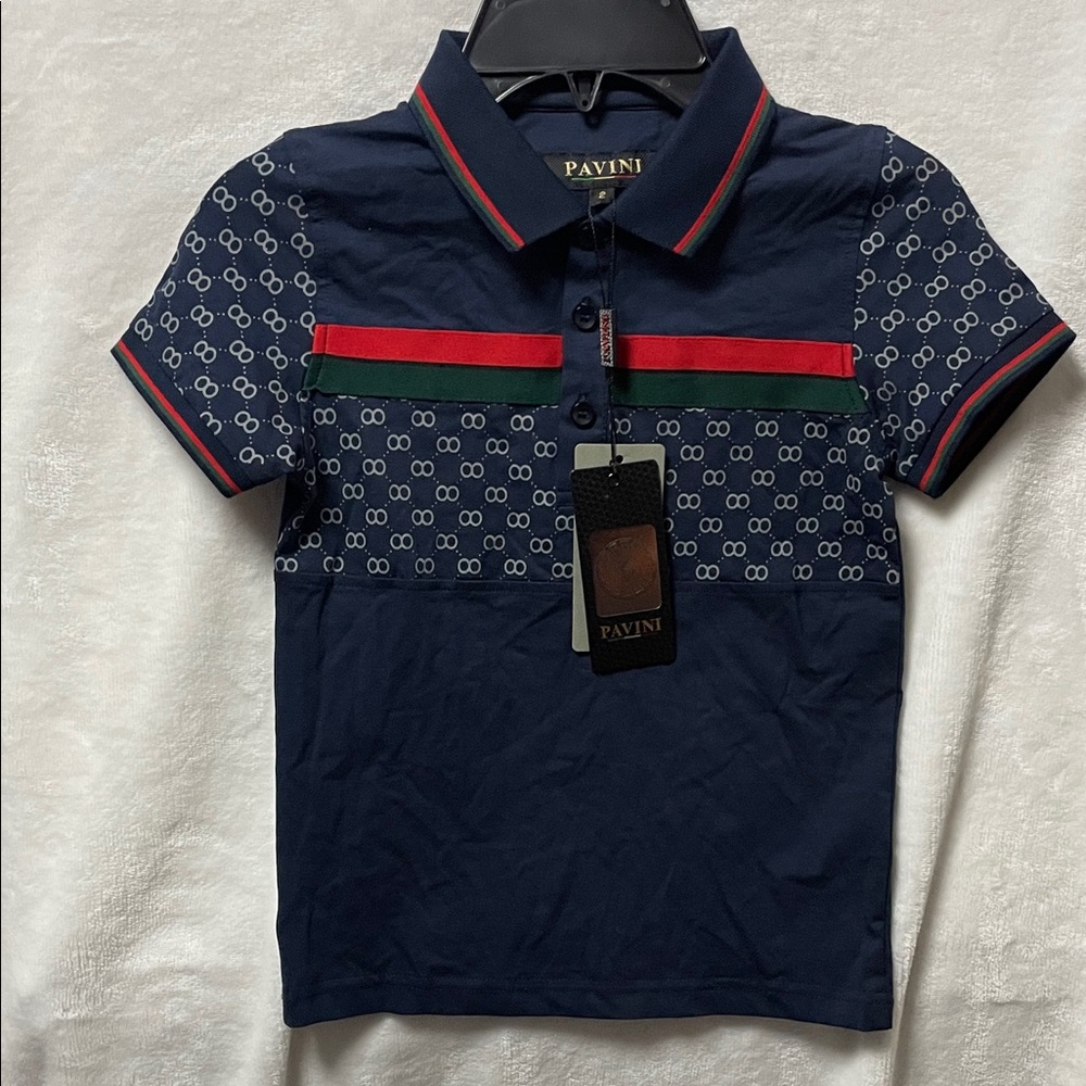 Pavini Navy Blue Patterned Kids Polo Shirt Size 2 NWT